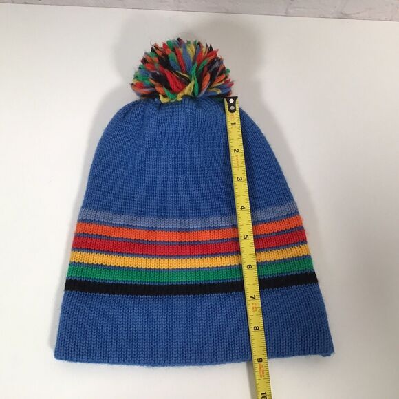 Vintage Meister Knit Beanie Ski Hat 100% New Wool Rainbow Stripe Pompom Ball - Picture 4 of 8
